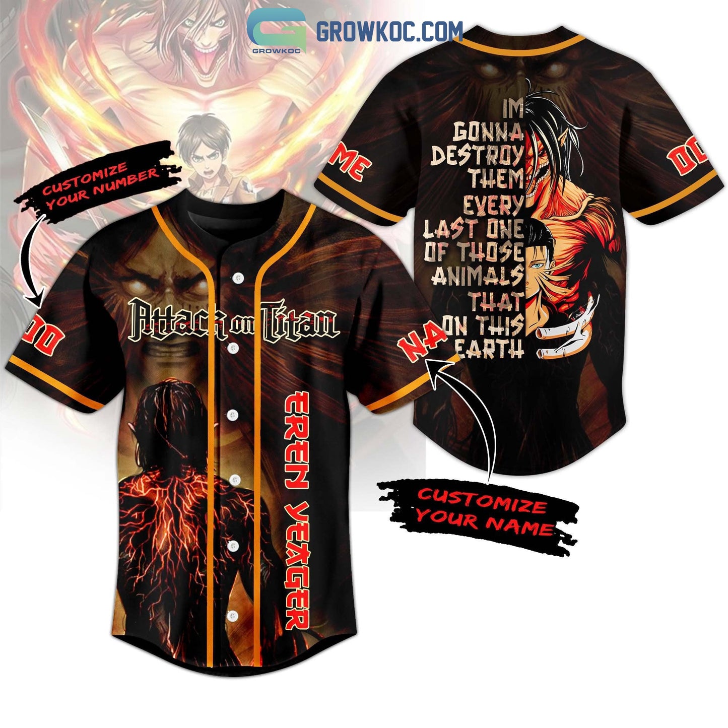 Attack On Titan Eren Yeager Personalized Baseball Jersey baseball jersey product view 1