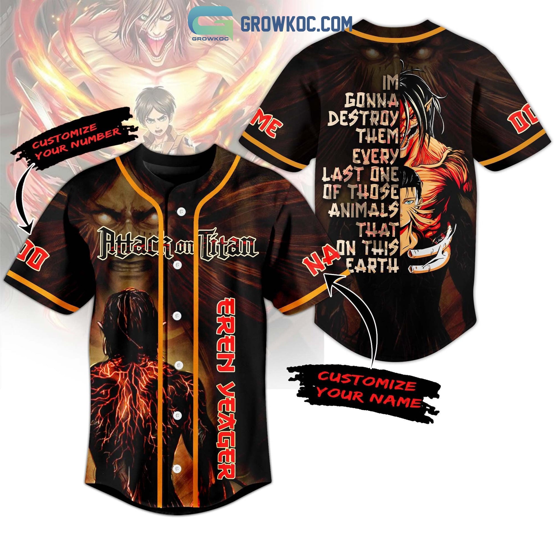 Attack On Titan Eren Yeager Personalized Baseball Jersey baseball jersey product view 1