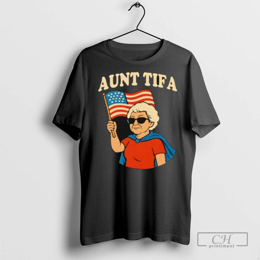 Aunt Tifa Woman Holding Usa Flag T Shirts Unisex T-shirt, Sweatshirt, Hoodie, Long Sleeve Tee - T-Shirt, Sweatshirt, Hoodie
