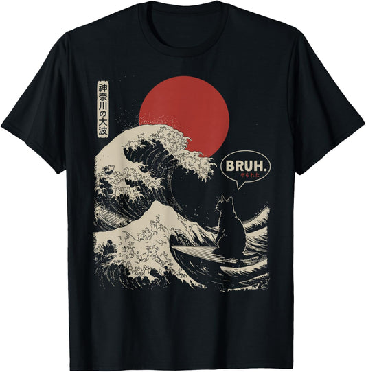 Bruh Great Wave Kanagawa Japanese Surfing Cat Long Sleeve Premium