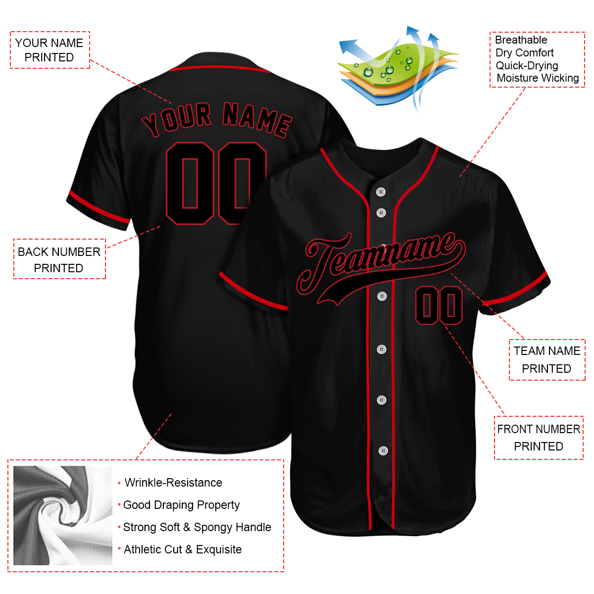 Custom Black Red Baseball Jersey baseball jersey product view 2