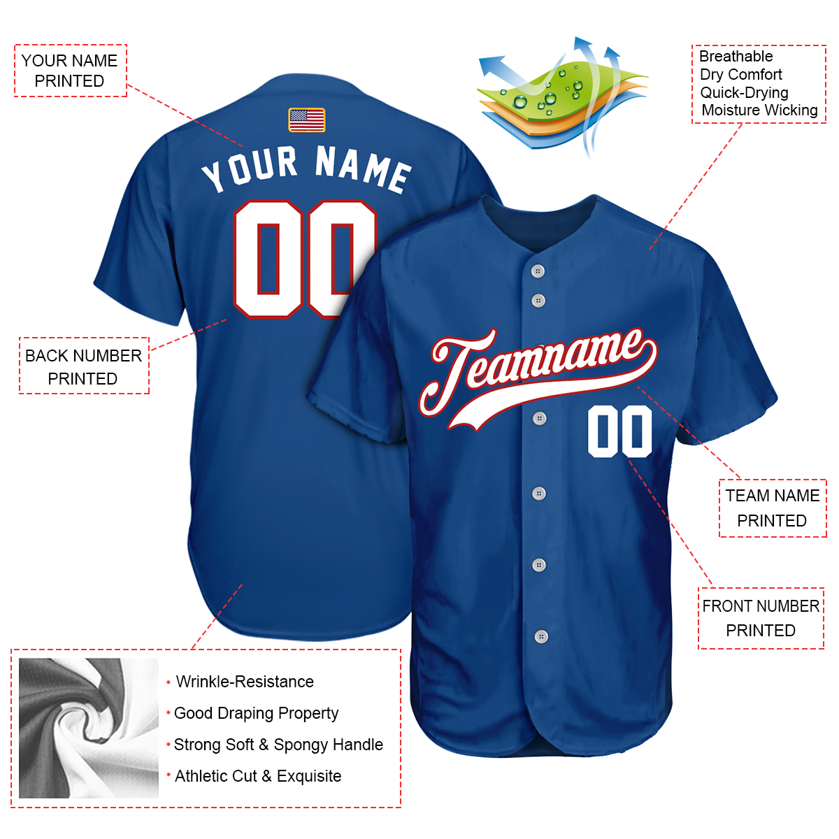 Custom Blue White Red Baseball Jersey baseball jersey product view 2