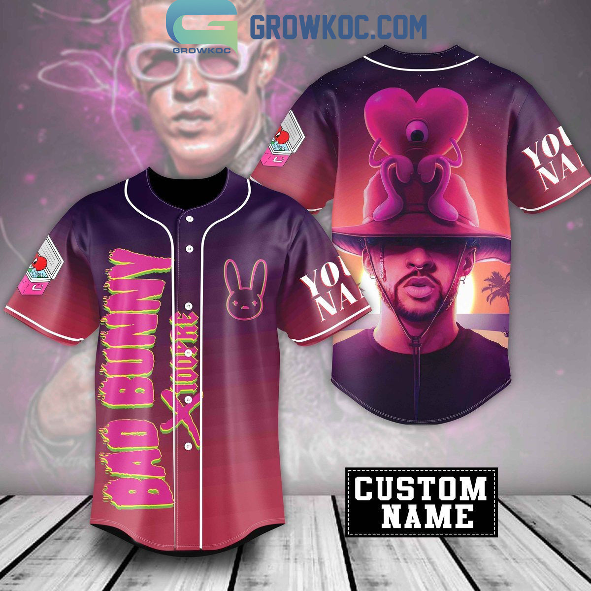 Bad Bunny The Sunset Purple Fan Personalized Baseball Jersey baseball jersey product view 1