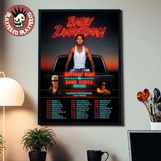 Bailey Zimmerman Different Night Same Rodeo Tour 2026 Home Decor Poster Canvas Unisex T-shirt, Sweatshirt, Hoodie, Long Sleeve Tee - T-Shirt, Sweatshirt, Hoodie