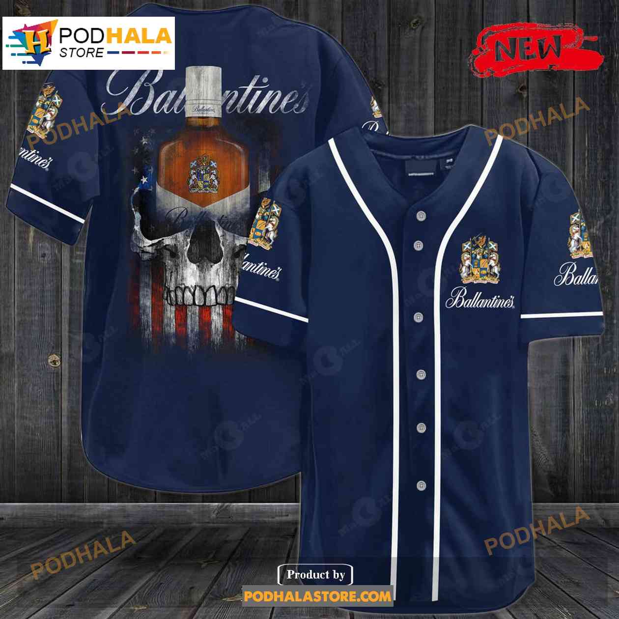 Ballantines Whiskey Usa Flag Skull All Over Print Navy Baseball Jersey baseball jersey product view 1