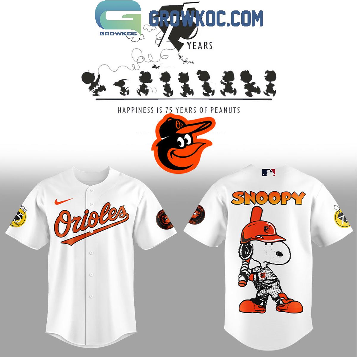 Baltimore Orioles Happiness Is 75 Years Of Peanuts Baseball Jersey baseball jersey product view 1