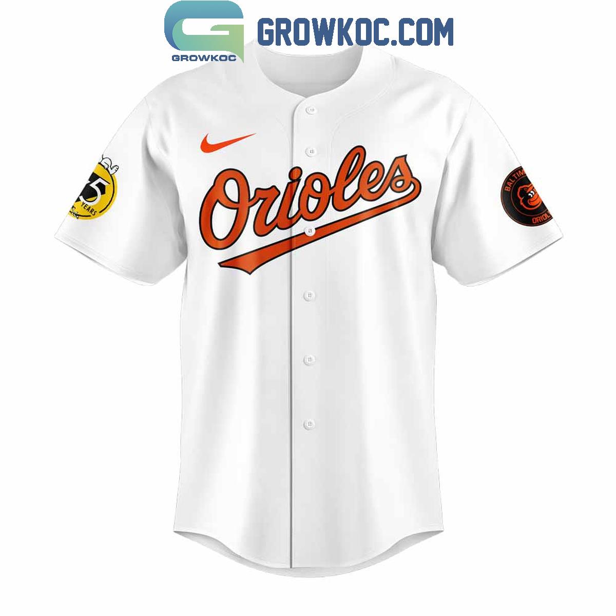 Baltimore Orioles Happiness Is 75 Years Of Peanuts Baseball Jersey baseball jersey product view 2