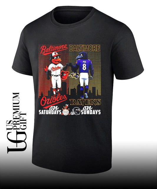 Baltimore Orioles on Saturdays fist bump Baltimore Ravens on Sundays city skyline 2026 mascot shirt - T-Shirt, Sweatshirt, Hoodie