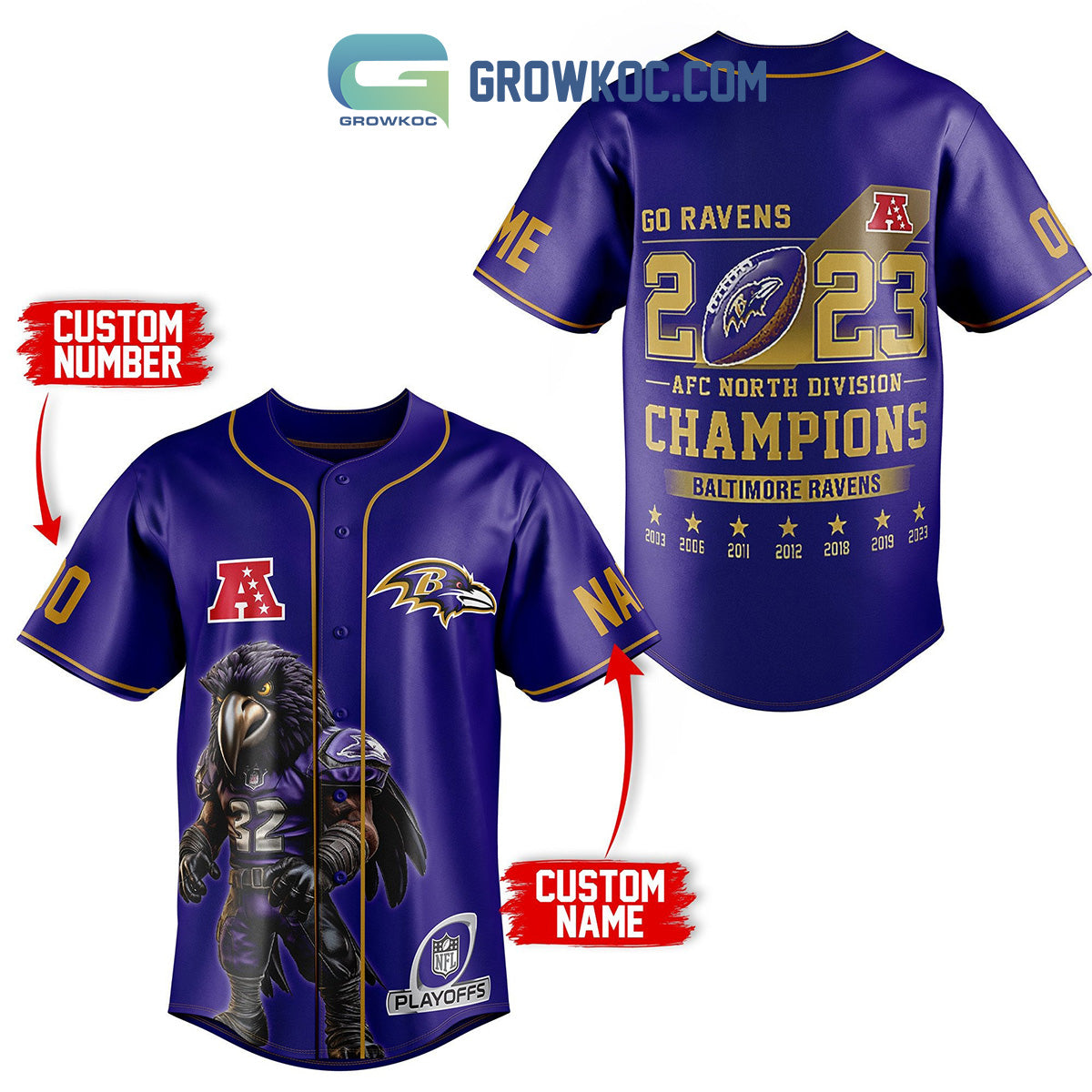 Baltimore Ravens AFC North Champions Personalized Baseball Jersey baseball jersey product view 1