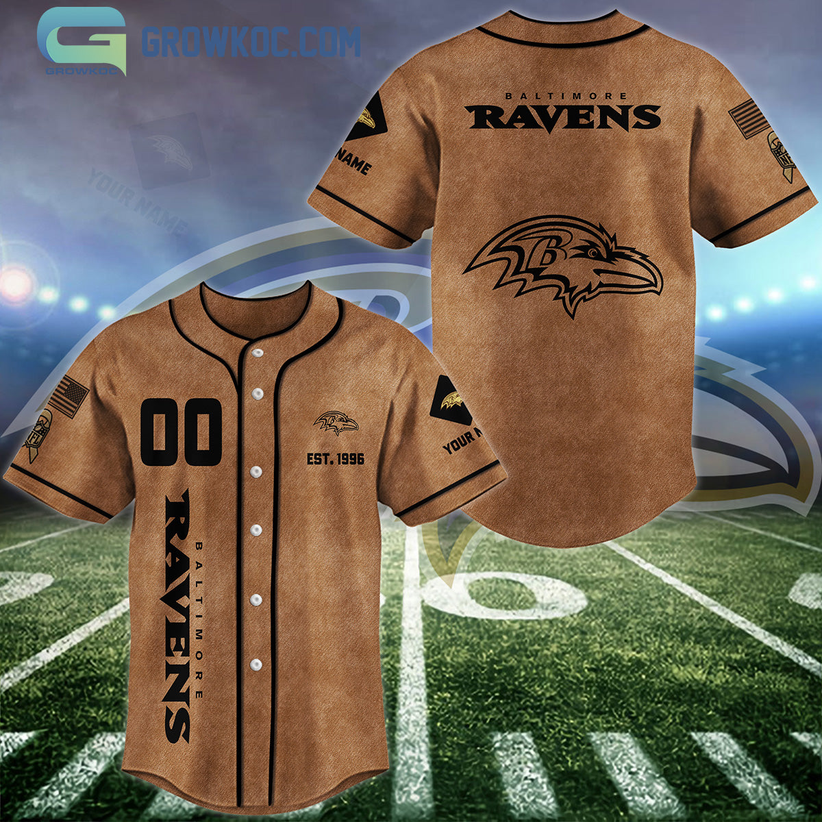 Baltimore Ravens Brown American Flag Personalized Baseball Jersey baseball jersey product view 1