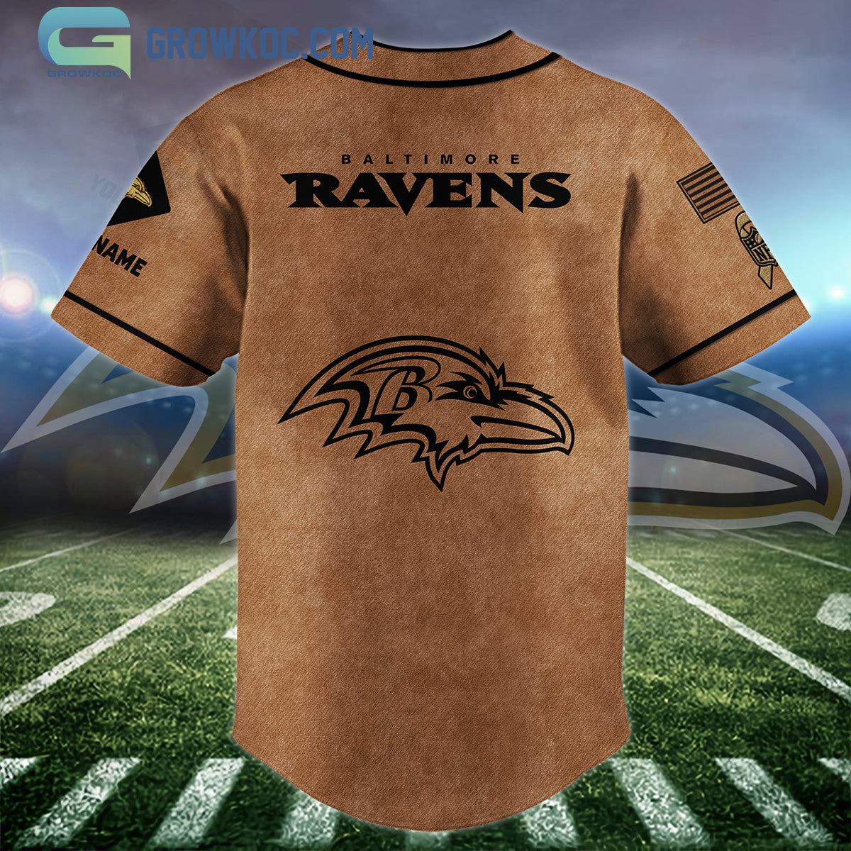 Baltimore Ravens Brown American Flag Personalized Baseball Jersey baseball jersey product view 2