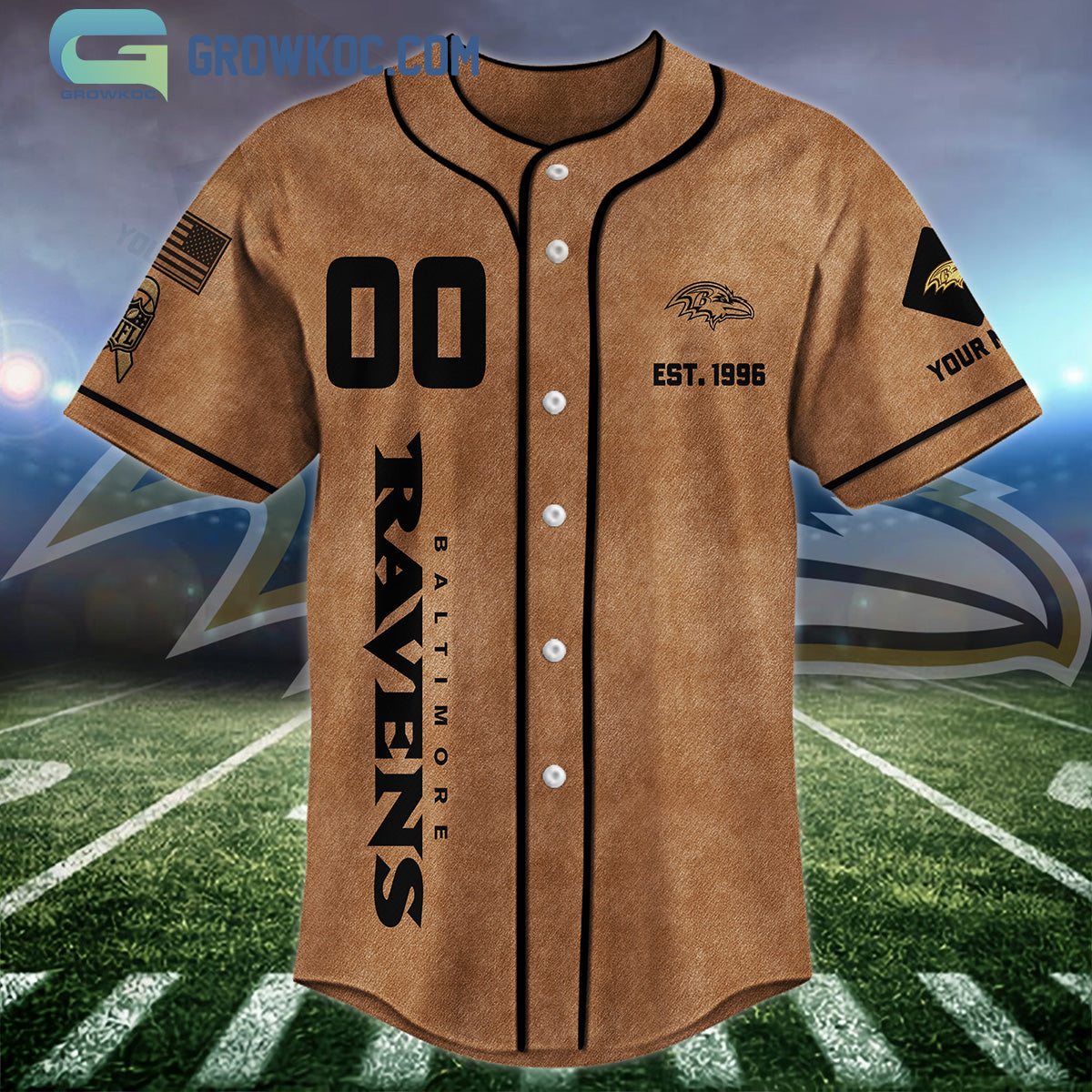 Baltimore Ravens Brown American Flag Personalized Baseball Jersey baseball jersey product view 3