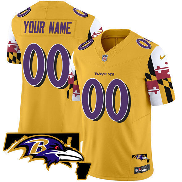 Baltimore Ravens Active Player Custom Gold 2025 F.U.S.E. Maryland Flag V2 Vapor Football Jersey football jersey product view 1