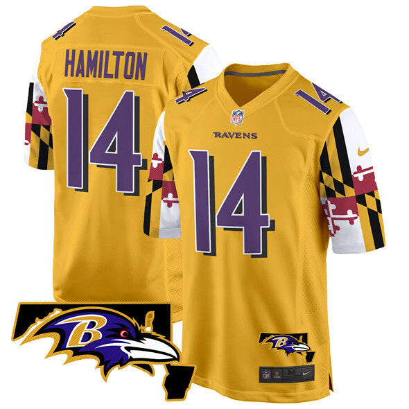 Baltimore Ravens #14 Kyle Hamilton Gold 2025 Maryland Flag Vapor Limited Football Football Jersey football jersey product view 1