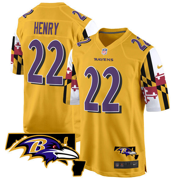 Baltimore Ravens #22 Derrick Henry Gold 2025 Maryland Flag Vapor Limited Football Jersey football jersey product view 1