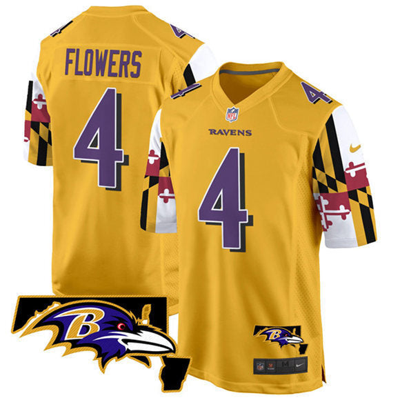 Baltimore Ravens #4 Zay Flowers Gold 2025 Maryland Flag Vapor Limited Football Football Jersey football jersey product view 1