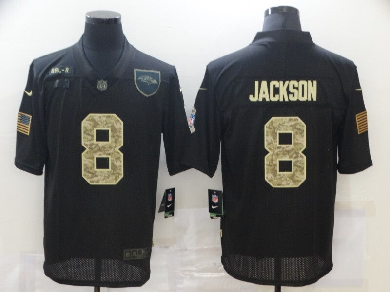 Baltimore Ravens #8 Lamar Jackson 20 Salute Camo Text 592 Football Jersey football jersey product view 1