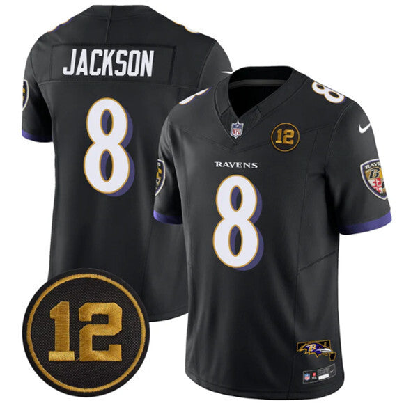 Baltimore Ravens #8 Lamar Jackson Black 2025 F.U.S.E. Jacoby Jones Patch Football Jersey football jersey product view 1