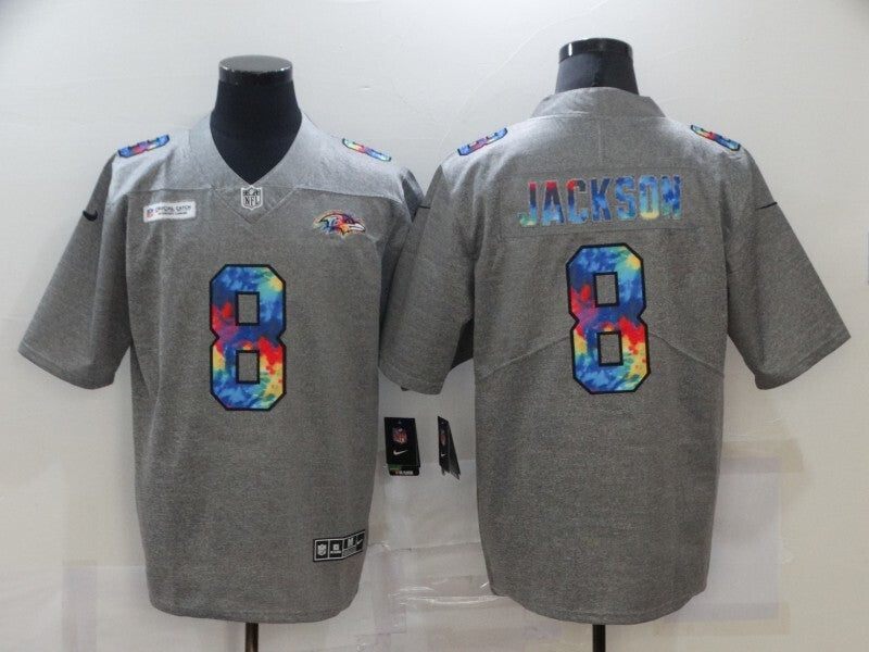 Baltimore Ravens #8 Lamar Jackson Hemp Gray Rainbow 987 Football Jersey football jersey product view 1