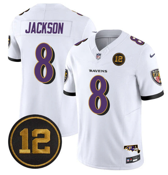 Baltimore Ravens #8 Lamar Jackson White 2025 F.U.S.E. Jacoby Jones Patch Football Jersey football jersey product view 1