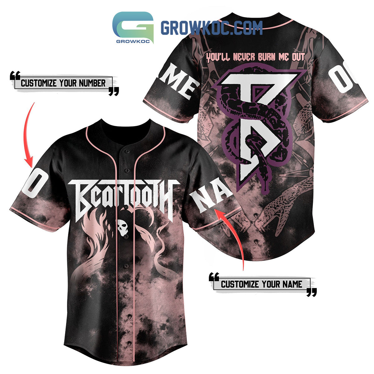 Beartooth Never Burn Me Out Personalized Baseball Jersey baseball jersey product view 1