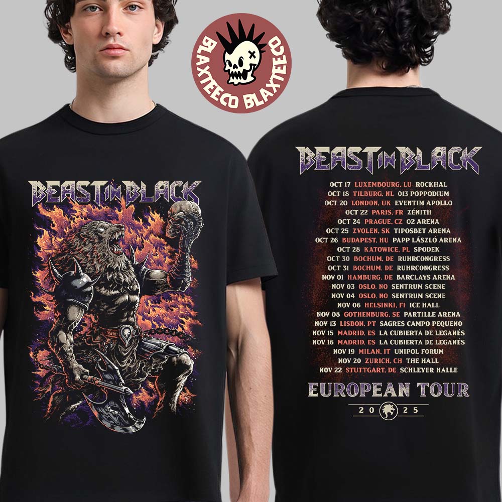Beast In Black European Tour 2025 Merch Tee Flamming Warrior Beast With Dates Back Two Sided T-Shirt - T-Shirt, Sweatshirt, Hoodie