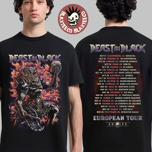 Beast In Black European Tour 2025 Merch Tee Flamming Warrior Beast With Dates Back Two Sided T-Shirt - T-Shirt, Sweatshirt, Hoodie