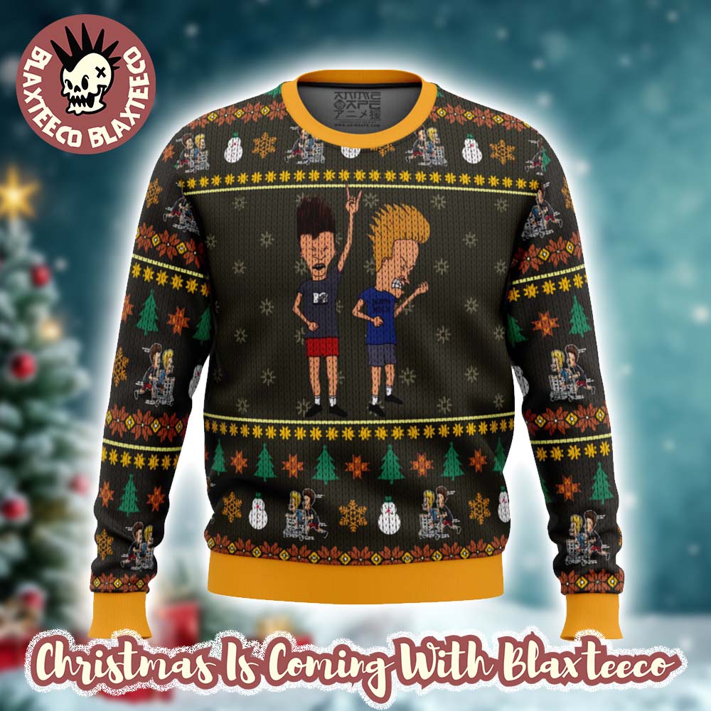 Beavis And Butthead Rock On Signature Rock And Roll Move Ugly Christmas Sweater Unisex T-shirt, Sweatshirt, Hoodie, Long Sleeve Tee - T-Shirt, Sweatshirt, Hoodie