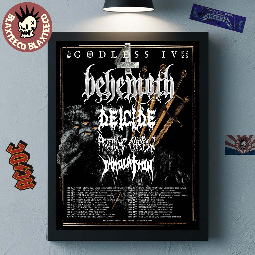 Behemoth The Godless IV 2026 Tour North America City Dates Home Decor Poster Canvas Unisex T-shirt, Sweatshirt, Hoodie, Long Sleeve Tee - T-Shirt, Sweatshirt, Hoodie