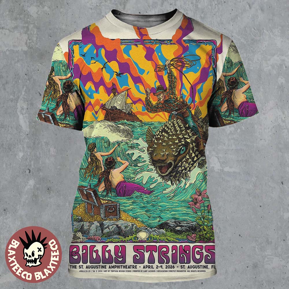 Billy Strings St. Augustine Florida 2026 All Date Gig Poster At The St. Augustine Amphitheatre From April 2 To 4 2026 The Man Riding The Puffers Art All Over Print Shirt - T-Shirt, Sweatshirt, Hoodie