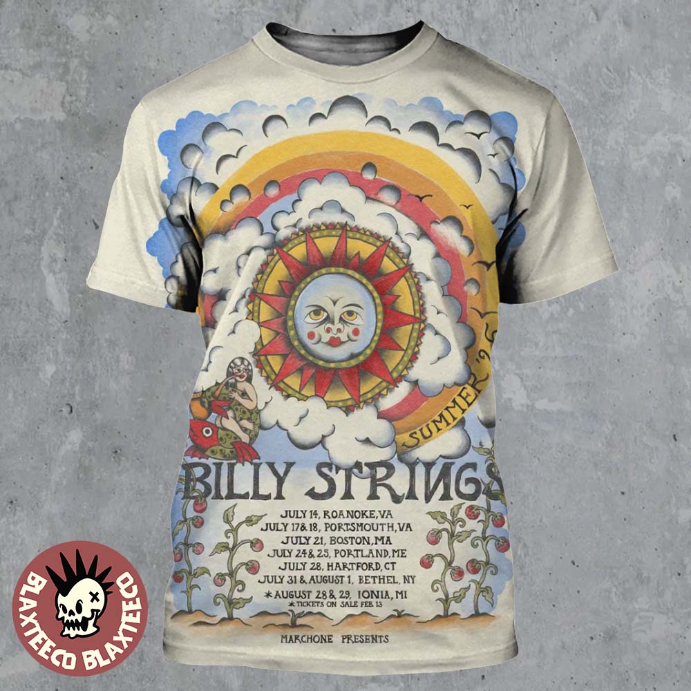 Billy Strings Summer 2026 Tour The Sun Art With Schedule Dates From July To August All Over Print Shirt - T-Shirt, Sweatshirt, Hoodie