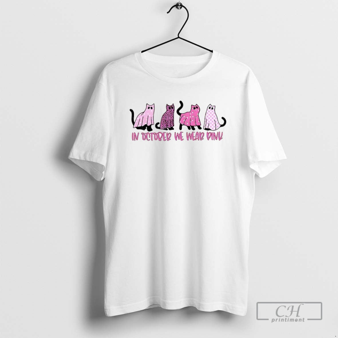 Black Cat Ghost In October We Wear Pink Breast Cancer Awareness T Shirts Unisex T-shirt, Sweatshirt, Hoodie, Long Sleeve Tee - T-Shirt, Sweatshirt, Hoodie