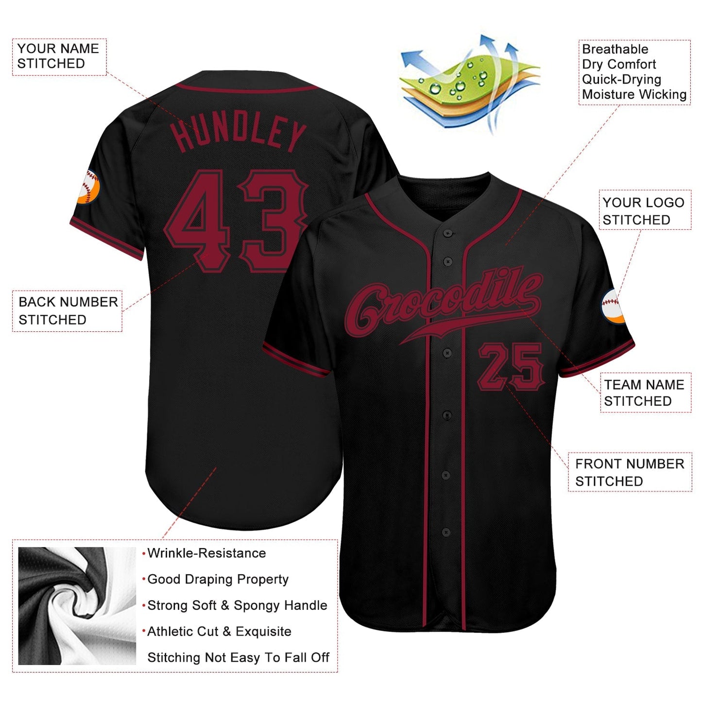 Custom Black Crimson Authentic Baseball Jersey baseball jersey product view 3