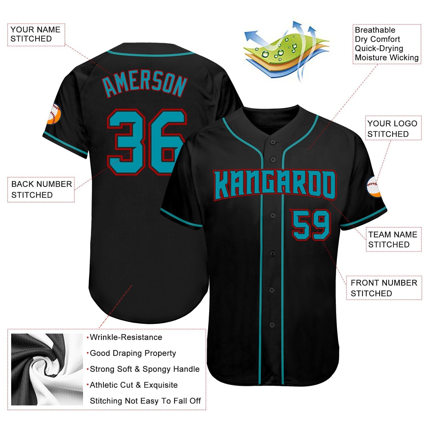 Custom Black Teal-Red Authentic Baseball Jersey baseball jersey product view 3