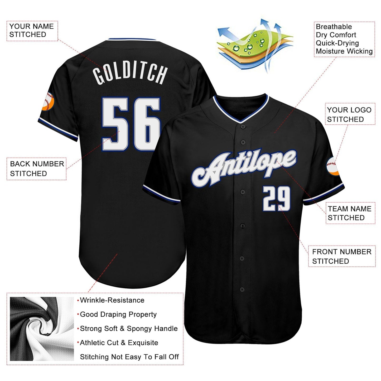 Custom Black White-Royal Authentic Baseball Jersey baseball jersey product view 3