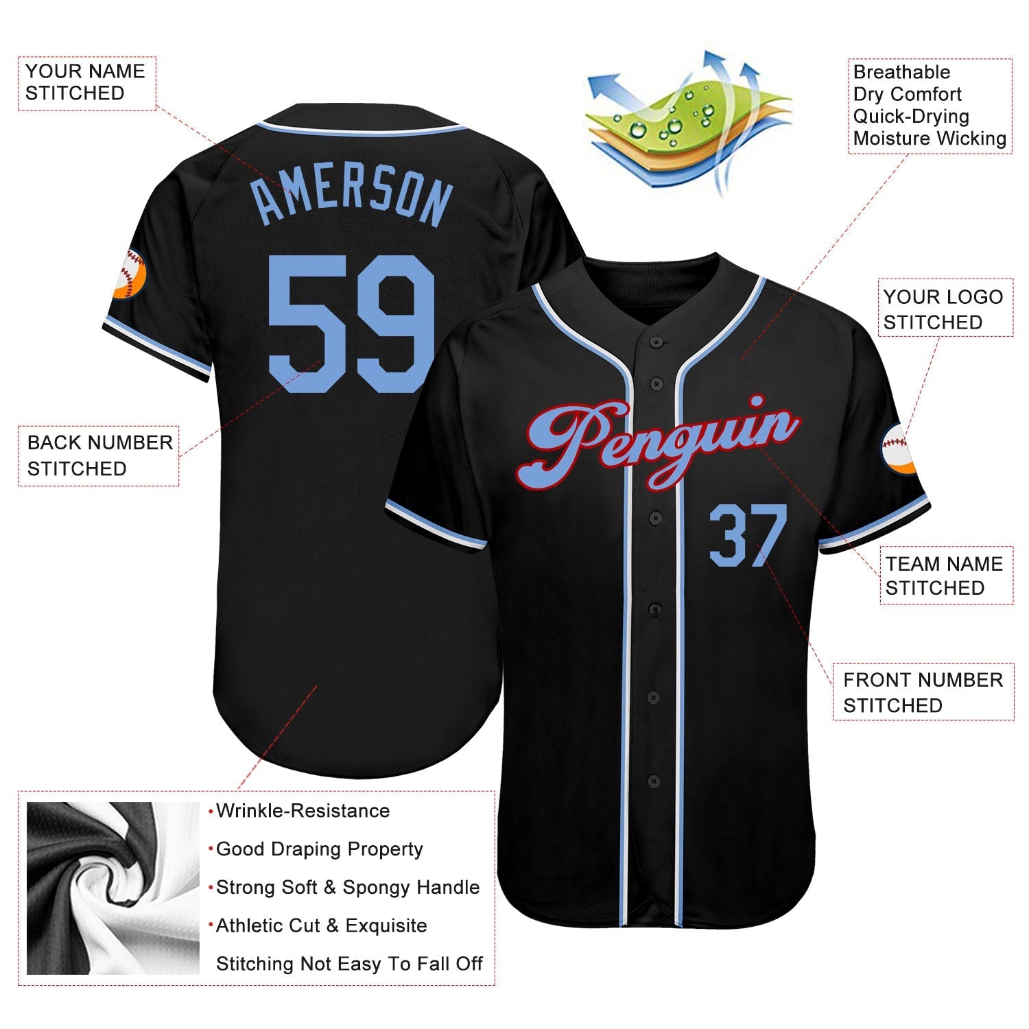 Custom Black Light Blue-Red Authentic Baseball Jersey baseball jersey product view 3