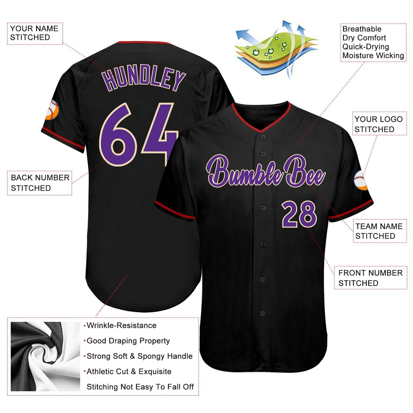 Custom Black Purple-Cream Authentic Baseball Jersey baseball jersey product view 3