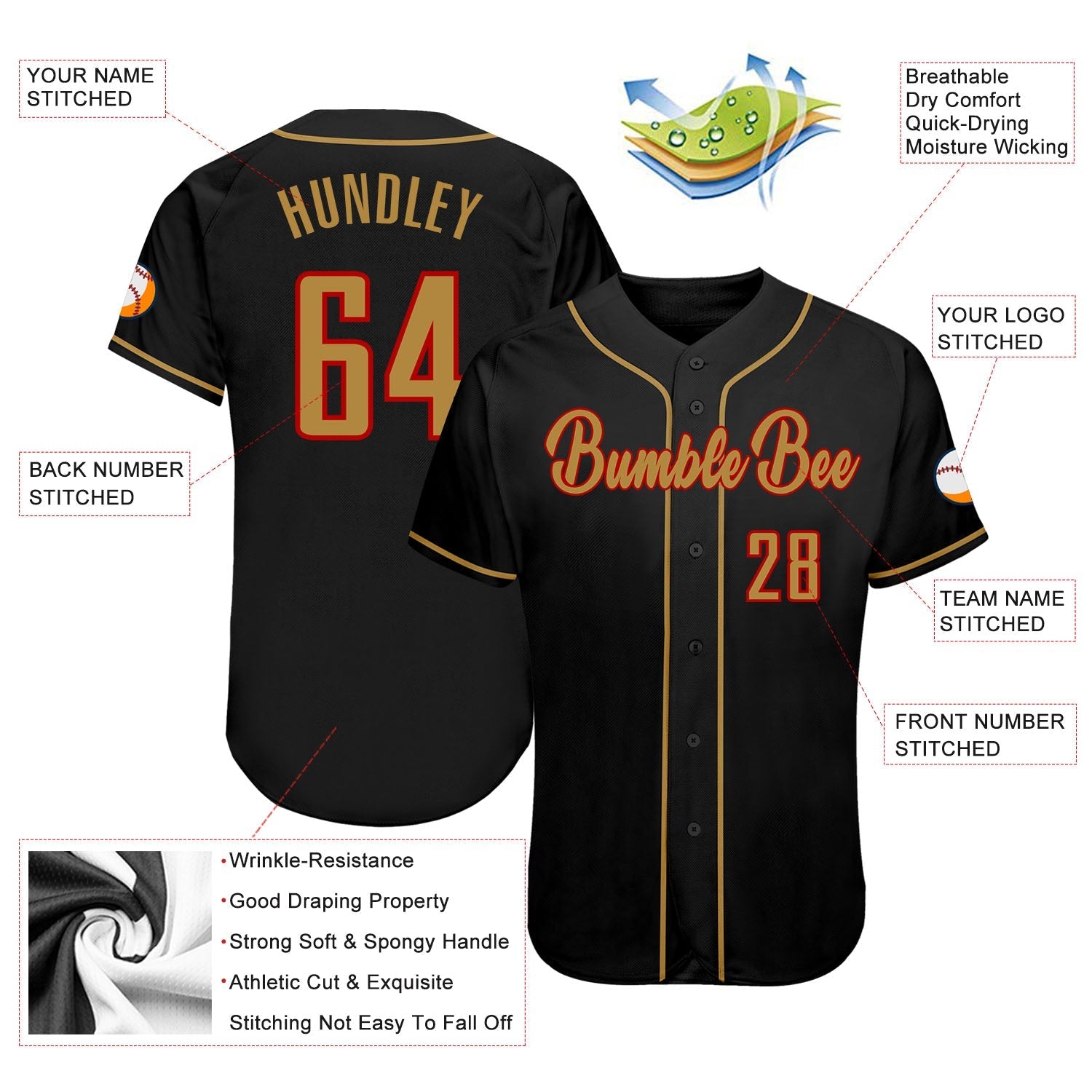 Custom Black Old Gold-Red Authentic Baseball Jersey baseball jersey product view 3