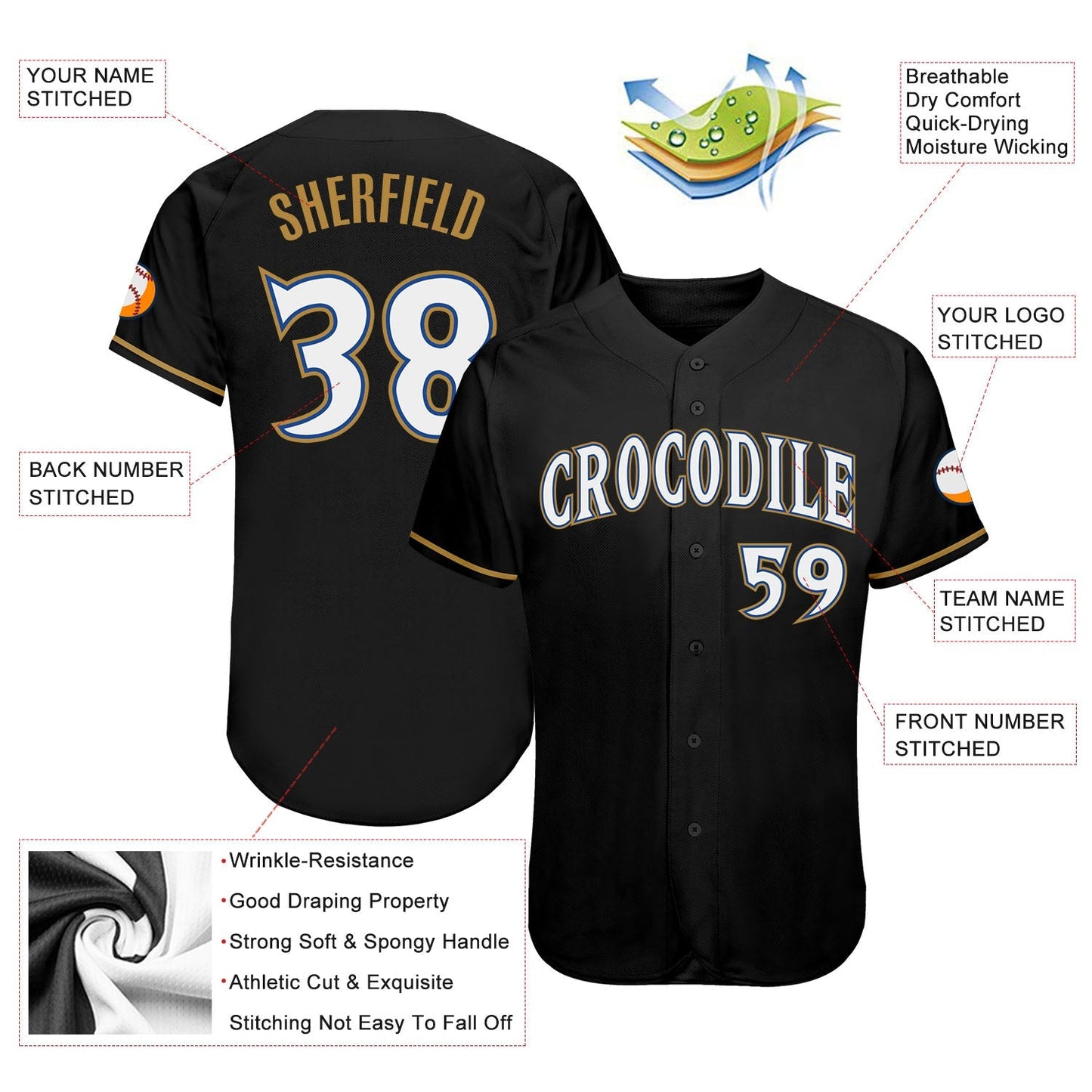 Custom Black White Old Gold-Royal Authentic Baseball Jersey baseball jersey product view 3