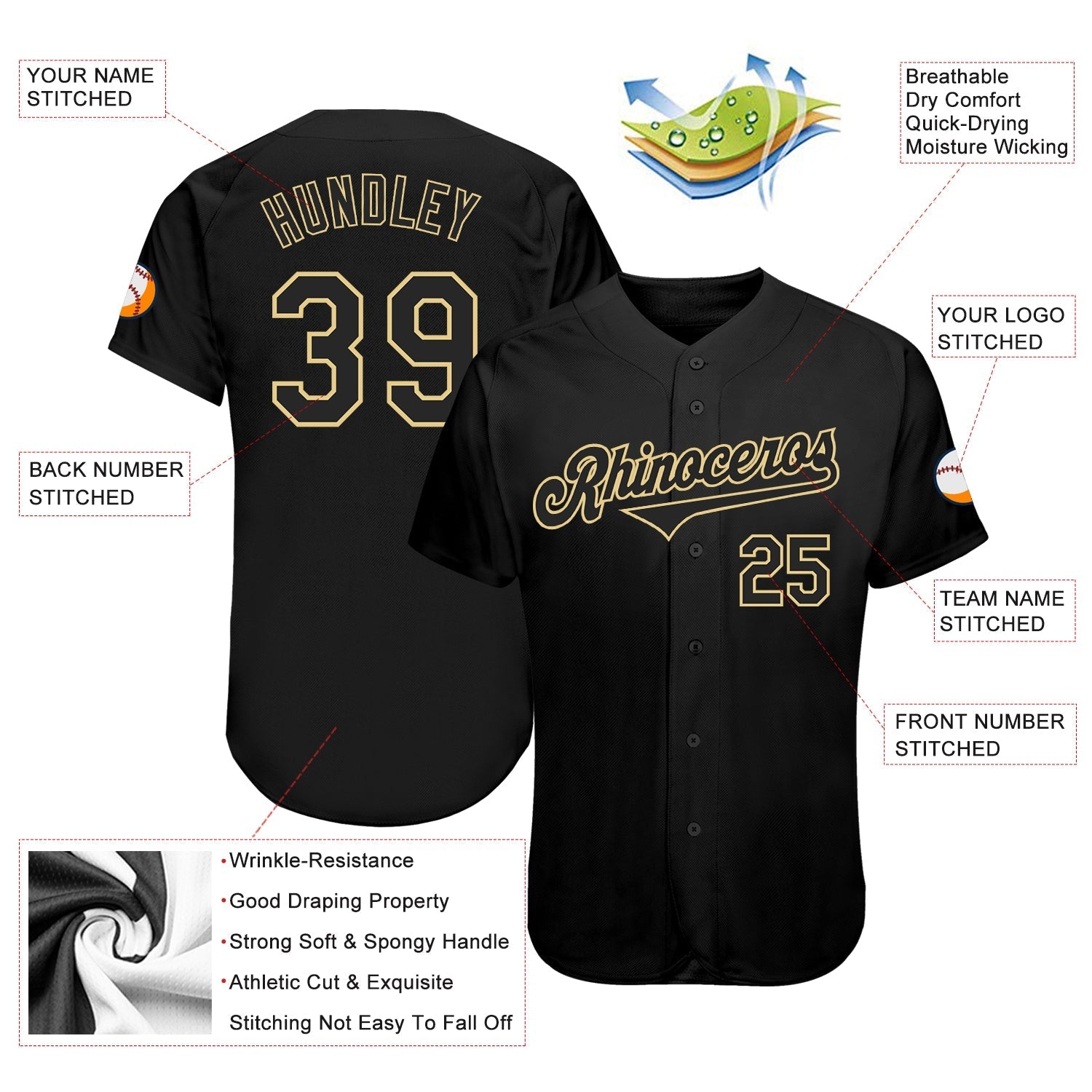Custom Black Black-Vegas Gold Authentic Baseball Jersey baseball jersey product view 3