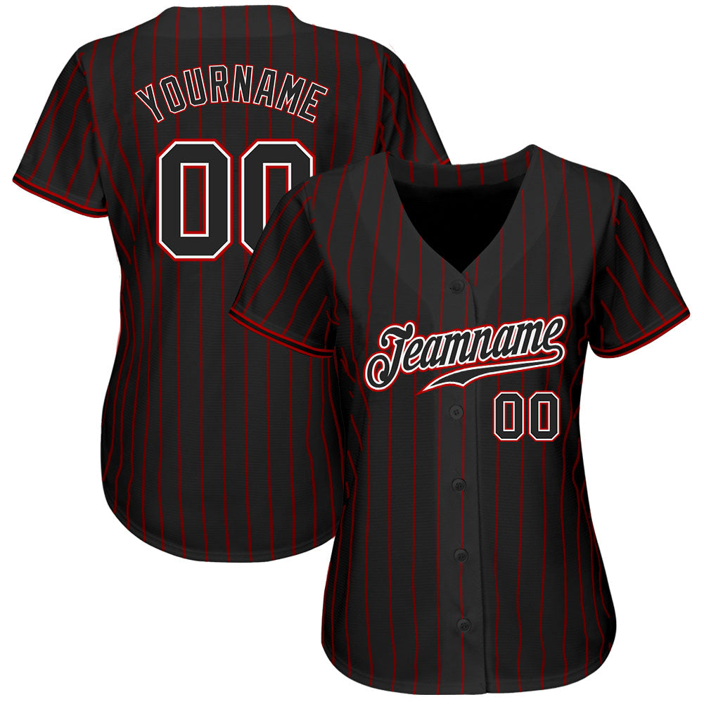 Custom Black Red Pinstripe Black-White Authentic Baseball Jersey baseball jersey product view 2