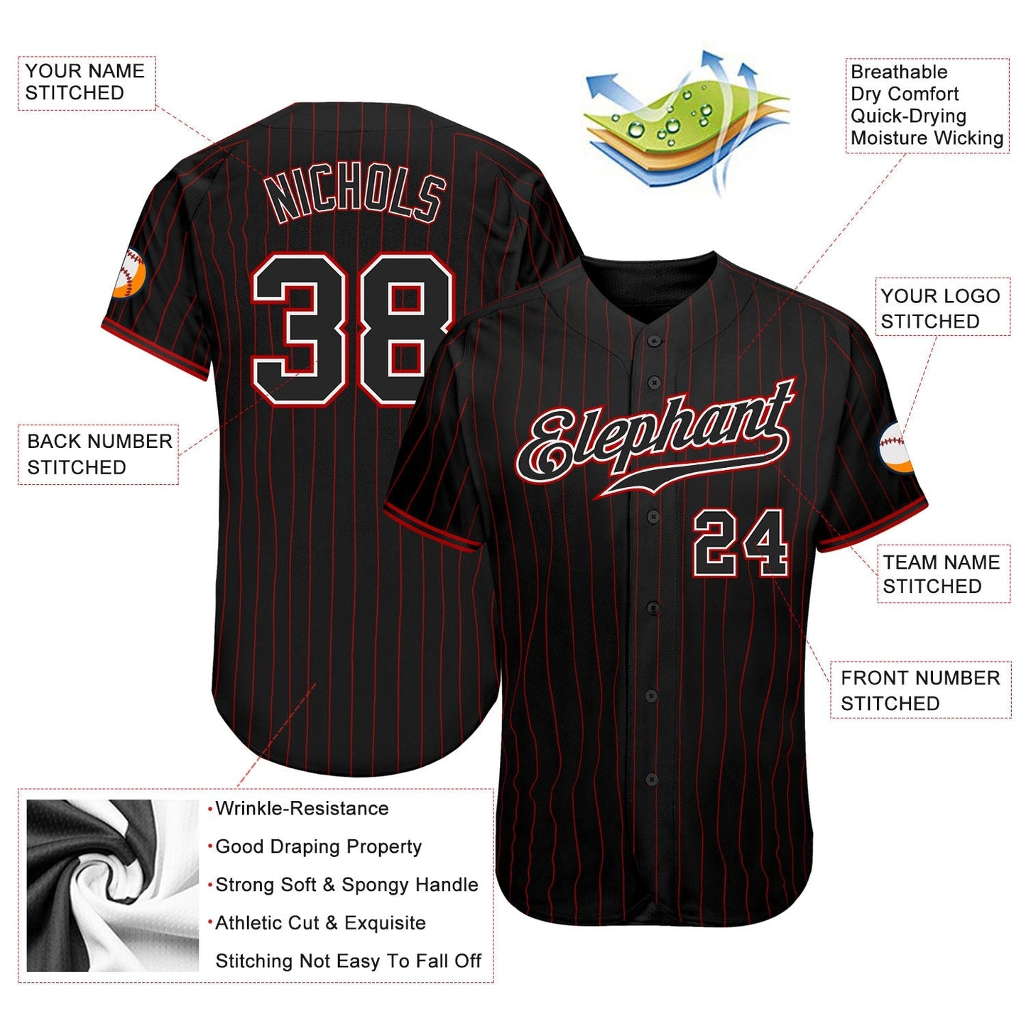 Custom Black Red Pinstripe Black-White Authentic Baseball Jersey baseball jersey product view 3