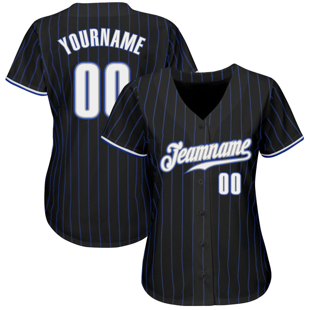 Custom Black Royal Pinstripe White-Gray Authentic Baseball Jersey baseball jersey product view 2