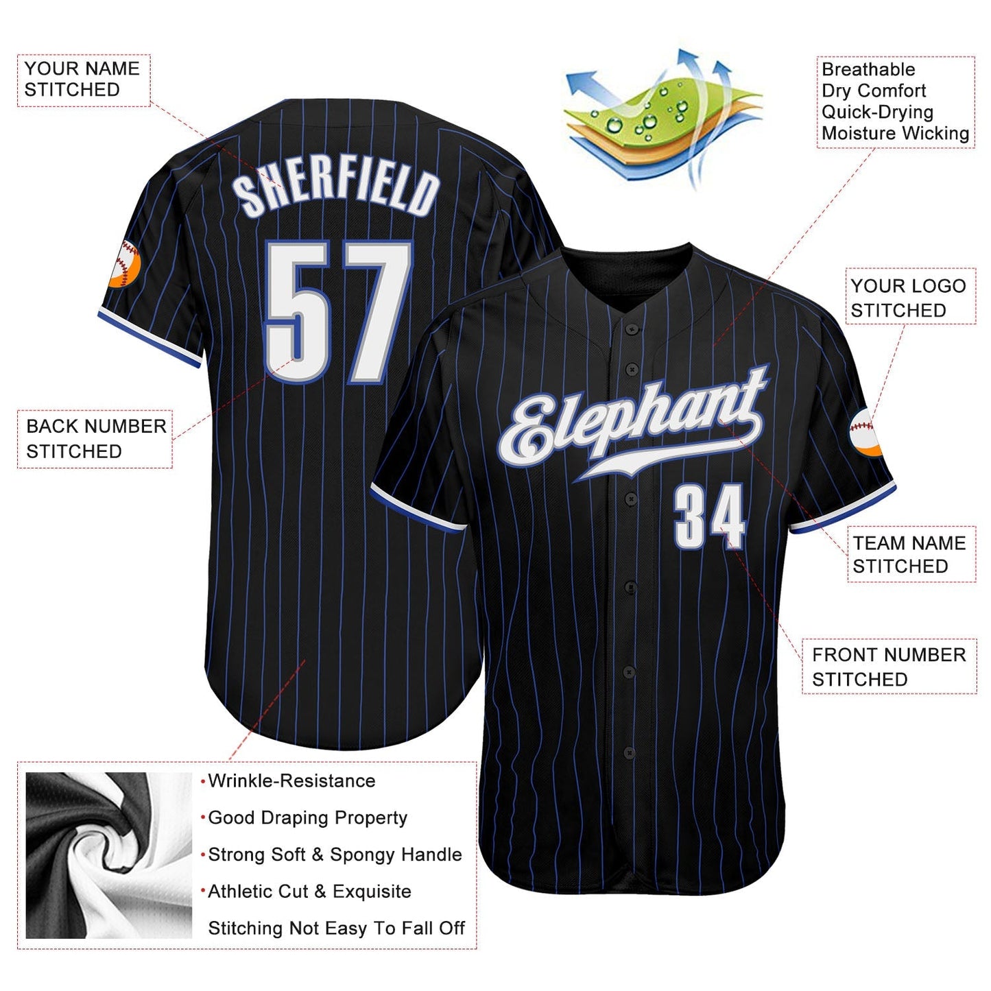 Custom Black Royal Pinstripe White-Gray Authentic Baseball Jersey baseball jersey product view 3