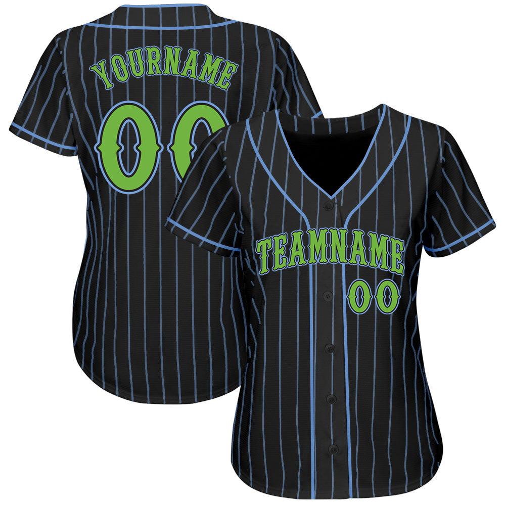 Custom Black Light Blue Pinstripe Neon Green Authentic Baseball Jersey baseball jersey product view 2