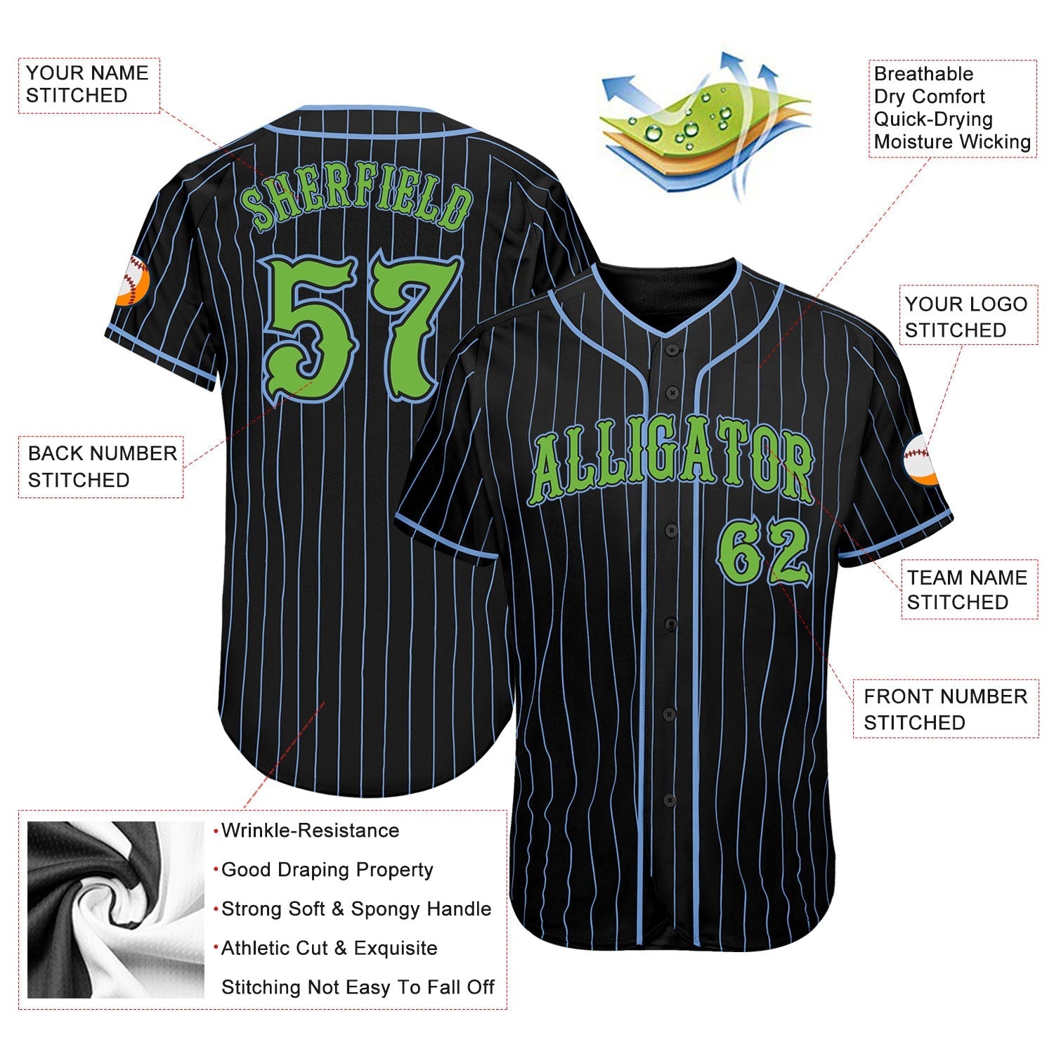 Custom Black Light Blue Pinstripe Neon Green Authentic Baseball Jersey baseball jersey product view 3