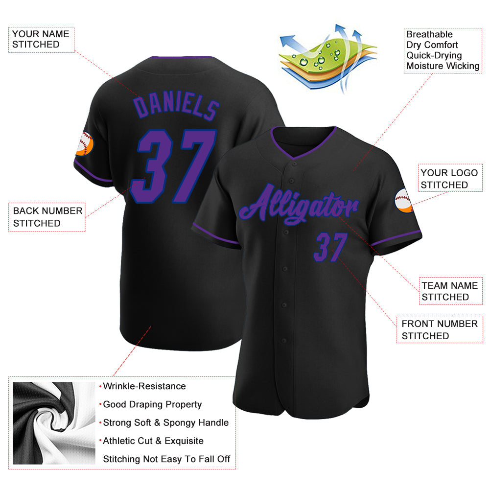 Custom Black Purple-Royal Authentic Baseball Jersey baseball jersey product view 3