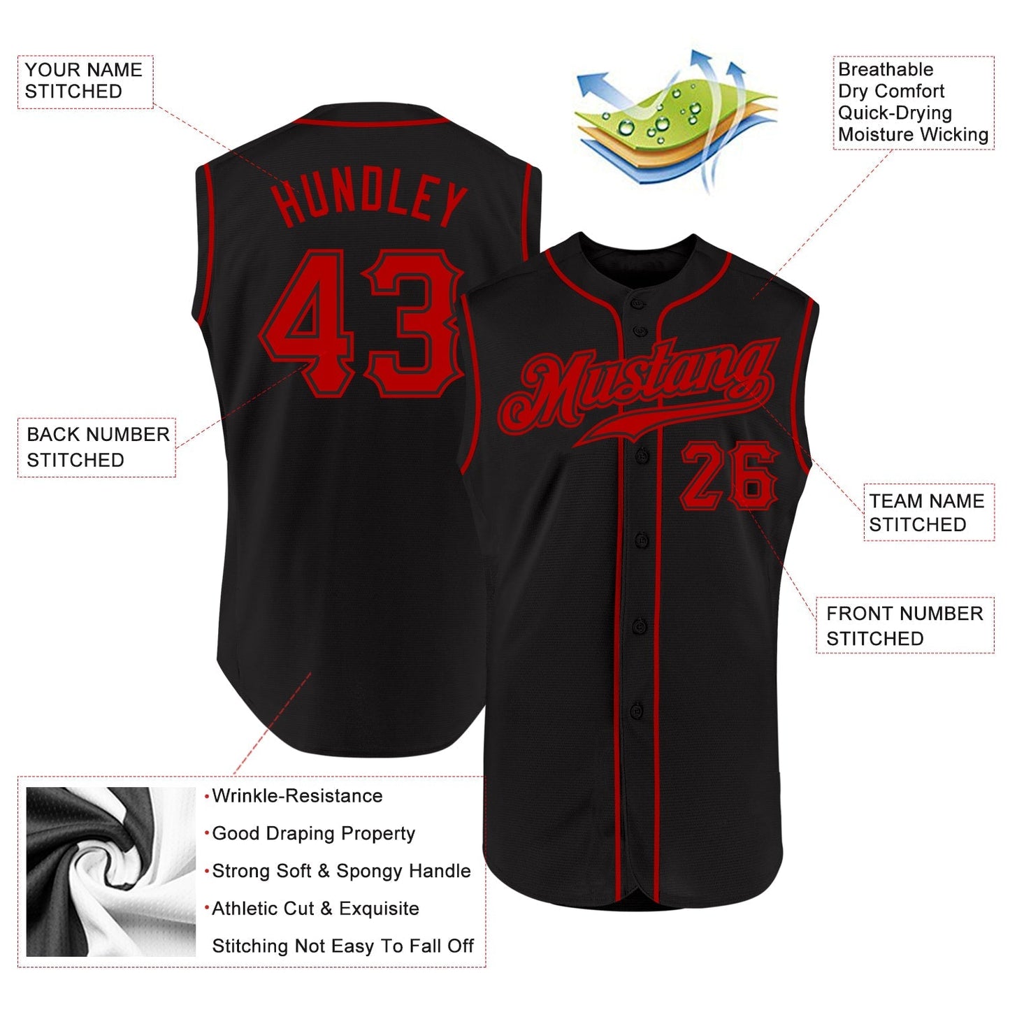 Custom Black Red Authentic Sleeveless Baseball Jersey baseball jersey product view 2