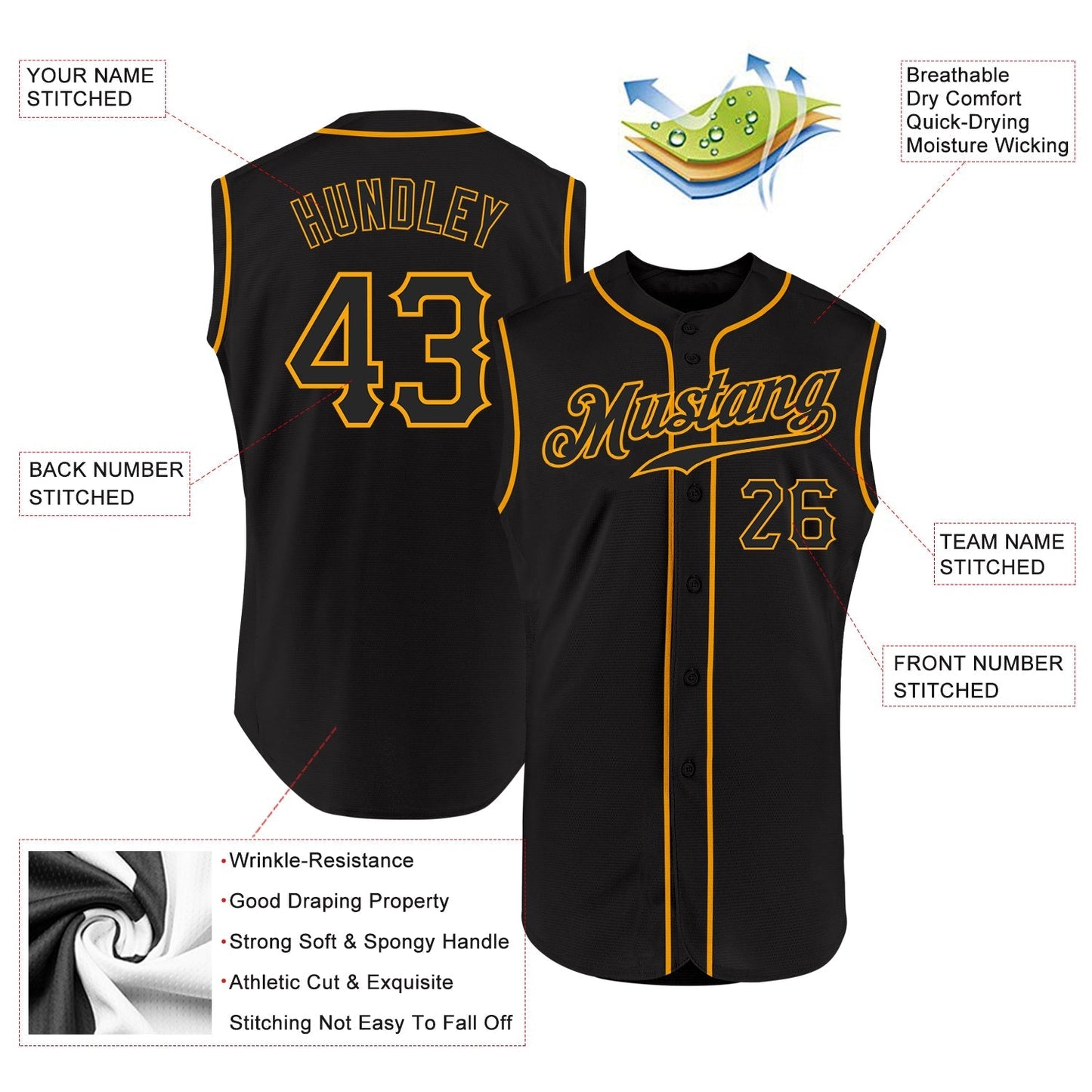 Custom Black Black-Gold Authentic Sleeveless Baseball Jersey baseball jersey product view 2