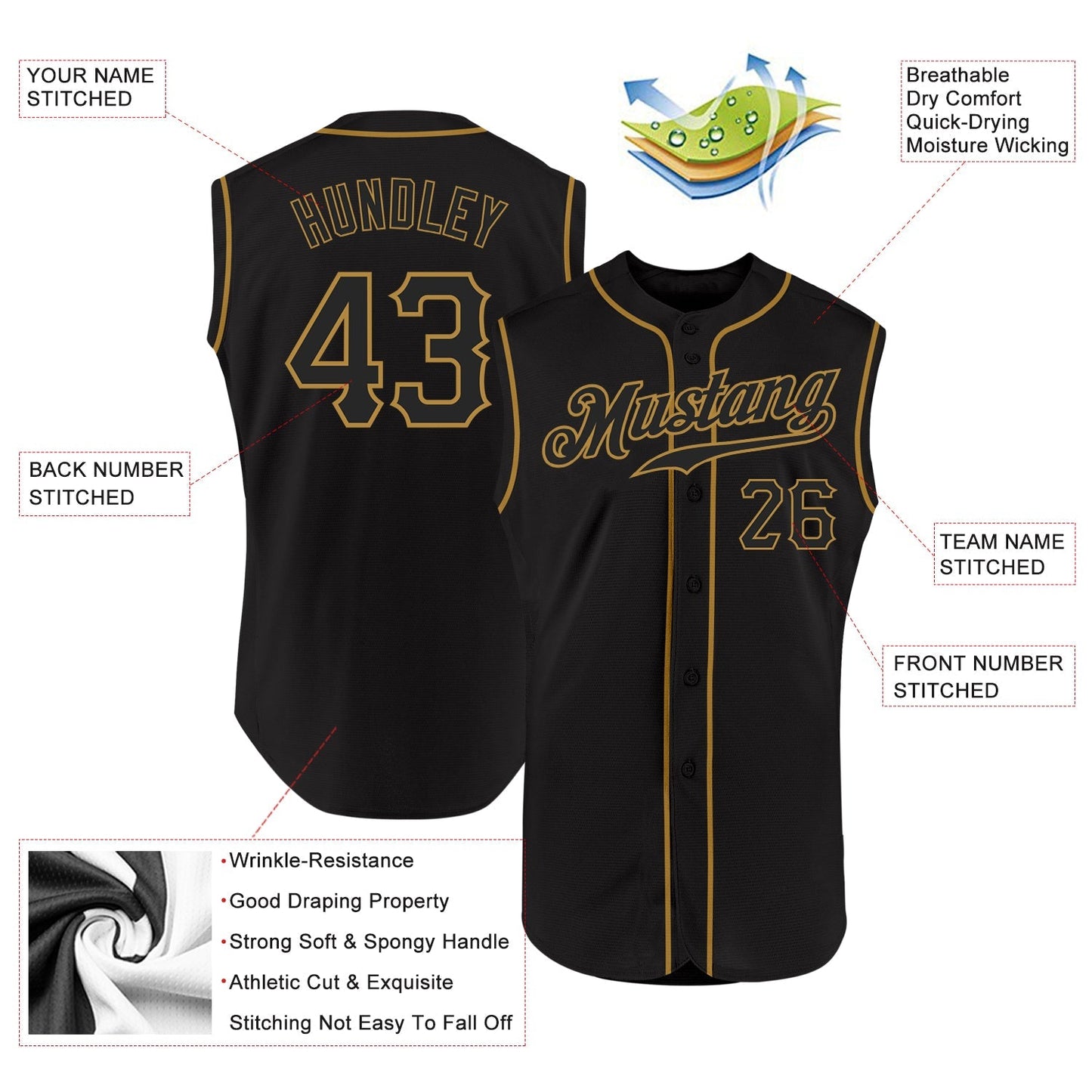 Custom Black Black-Old Gold Authentic Sleeveless Baseball Jersey baseball jersey product view 2